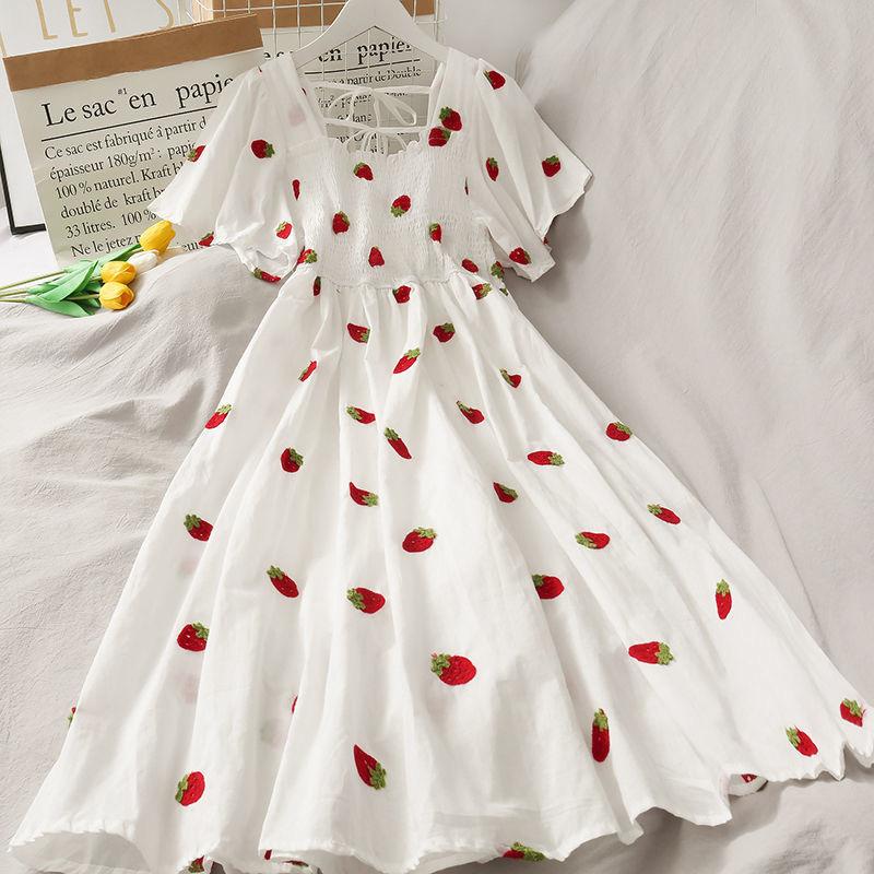 Strawberry Cottagecore Dress High Waist Pineapple Print Large Swing Dress