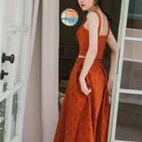 Women Retro Cottagecore Vintage Dress High Waist Orange Skirt Slimming Spaghetti Straps Sleeveless Two-Piece Set