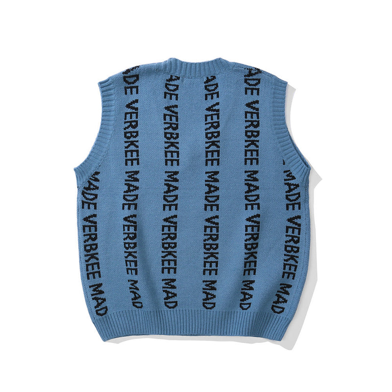 Men Sweater Vest Letter Jacquard Sweater Vest Men's Loose V-neck Vest Idle Style Sleeveless Sweater