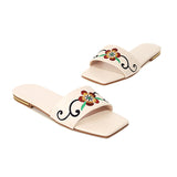 Flat Dress Sandals Low Heel Embroidered Flower Cutout Square Toe Sandals