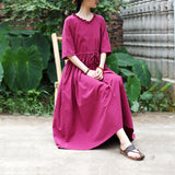 Mauve Dress Summer Pleated V-neck Distressed Mid-Sleeve Belt Wide Hem Loose Mid-Length Dress