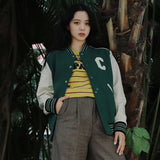 Green Varsity Jacket Autumn and Winter Baseball Uniform Short Jacket Couple Jacket