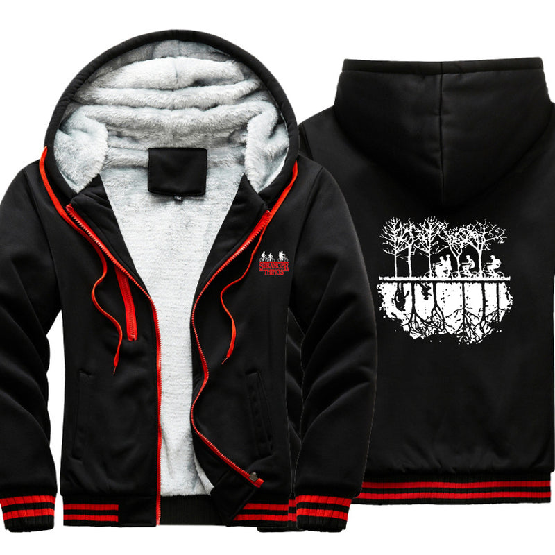 Stranger Things Hoodie Winter Thickened Velvet Padded Color Matching Cardigan Zipper Hooded Jacket