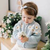 Girl Cardigan Sweaters Spring Round Neck Long Sleeve Cardigan Light Blue Solid Color Embroidered Sweater