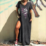 Skull Dress Amoi Printed Street V-neck Fashion Short Sleeve Loose Dress