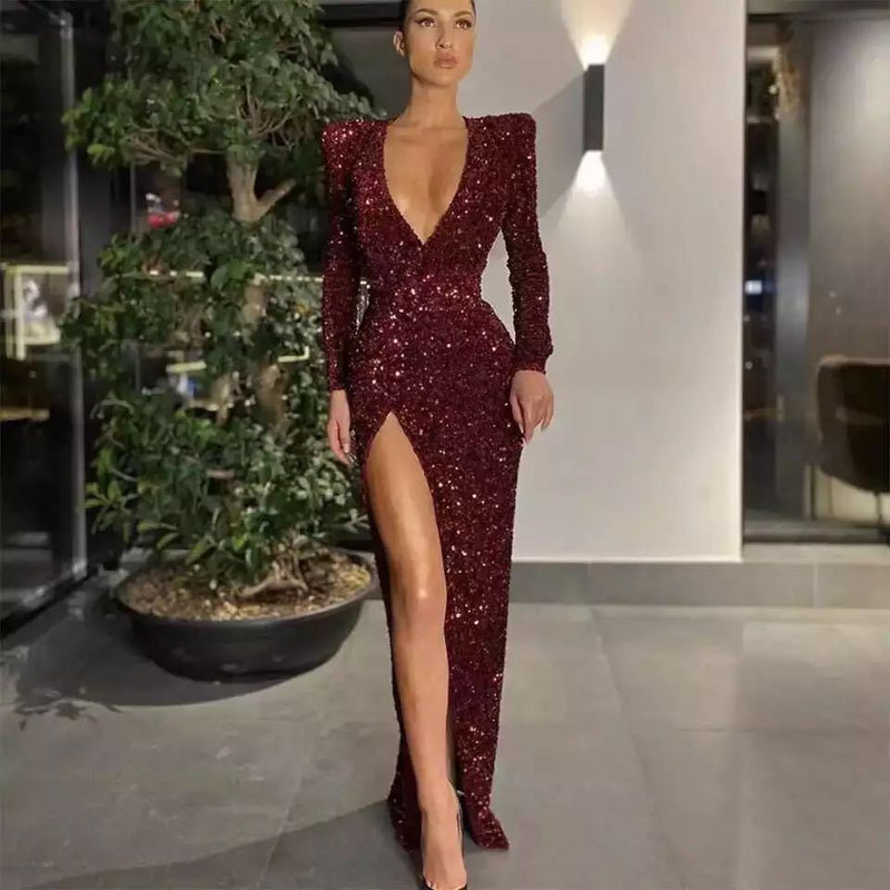 Lady Gaga Dress Sexy Long Sleeve Embroidered Sequined Dress Split Dress