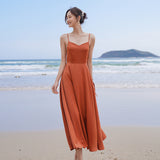 Burnt Orange Dress Clothes Sling Backless Dress Holiday Beach Dress