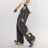 Mens Fall Outfits Vintage High Street Cross Graffiti Printing Jeans Men and Women Straight Loose-Fitting Wide-Leg Trousers