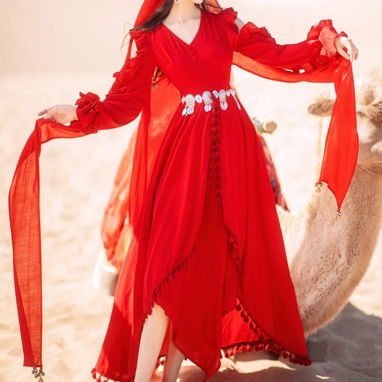 Women Cottagecore Dress Holiday Design off-the-Shoulder Red Dress Desert Long Skirt