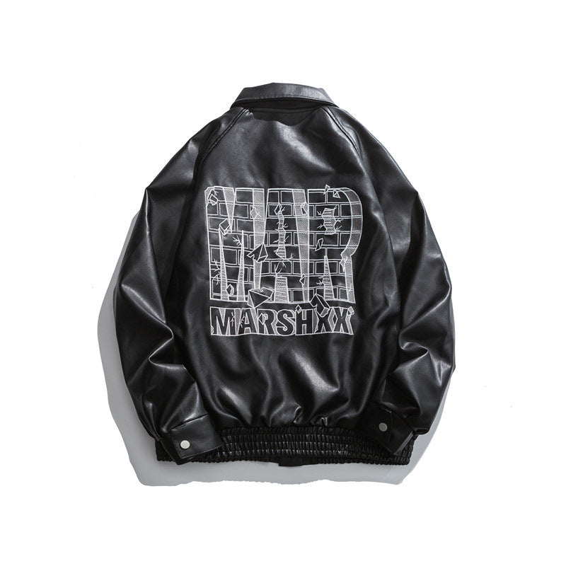 Black Varsity Jacket Autumn Leather Coat Men's Lower Ha Embroidery Loose Lapels Jacket Men's Clothing