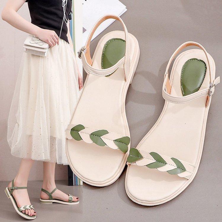 Women Open Toe Sandals Flats Summer Color Block Buckle Open Toe Sandals