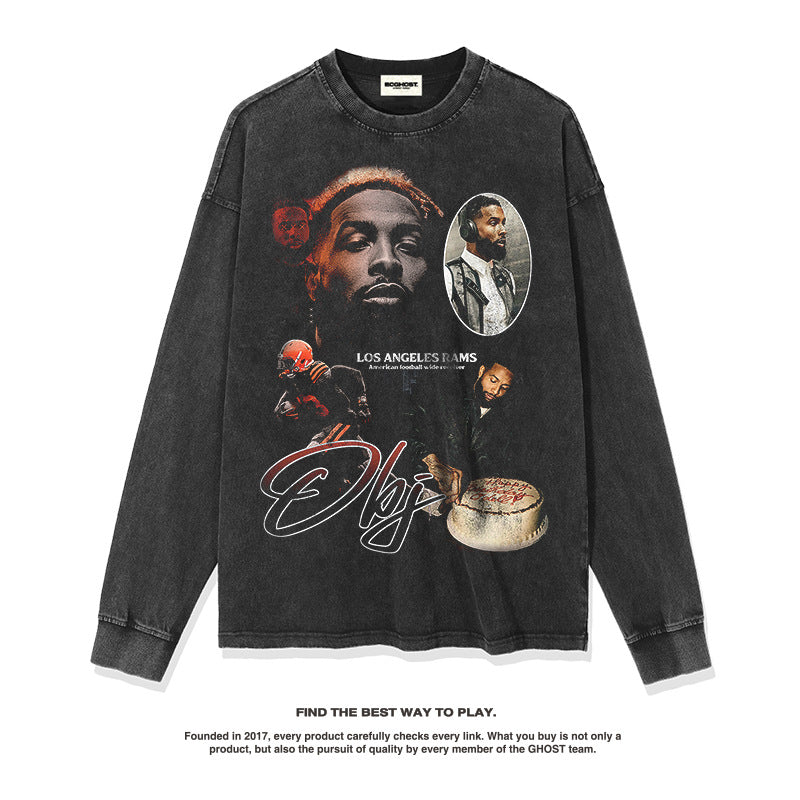 Nba Long Sleeve Shirt Long Sleeve T-shirt Washed Distressed Cotton Men and Women