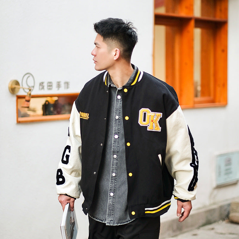 Baggy Jacket Embroidery Stitching Baseball Jacket Men's Casual