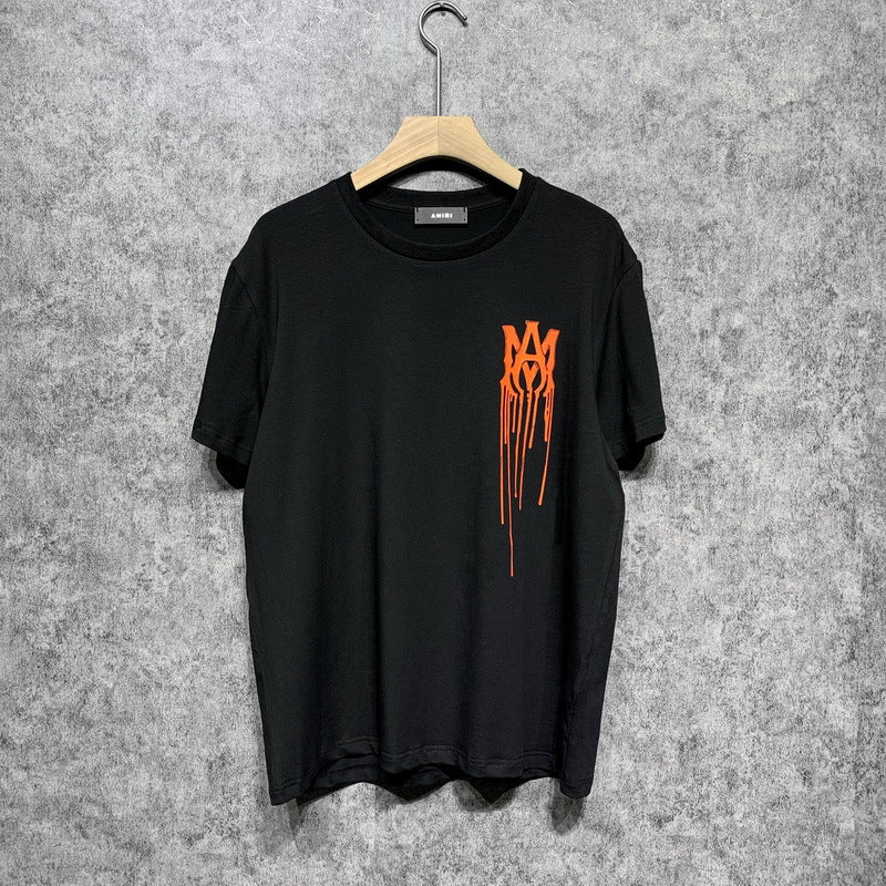 Amiri T Shirt Orange Printed Casual Hip Hop High Street round Neck Short Sleeve T-shirt