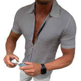 Sweat Wicking Shirt Solid Color Zipper Short Sleeve Shirt Slim-Fit Cardigan Top