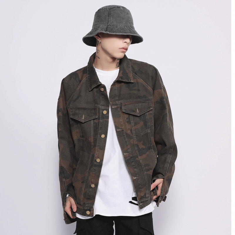 Men Denim Coat Jean Jackets Tooling Style Camouflage Denim Jacket Men's Loose Lapels Jacket Autumn Denim Coat