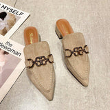 Finn Chain Pointed Toe Mule Shoes Women's Metal Buckle Thick Heel Toe Box Half Slippers Outdoor Mules