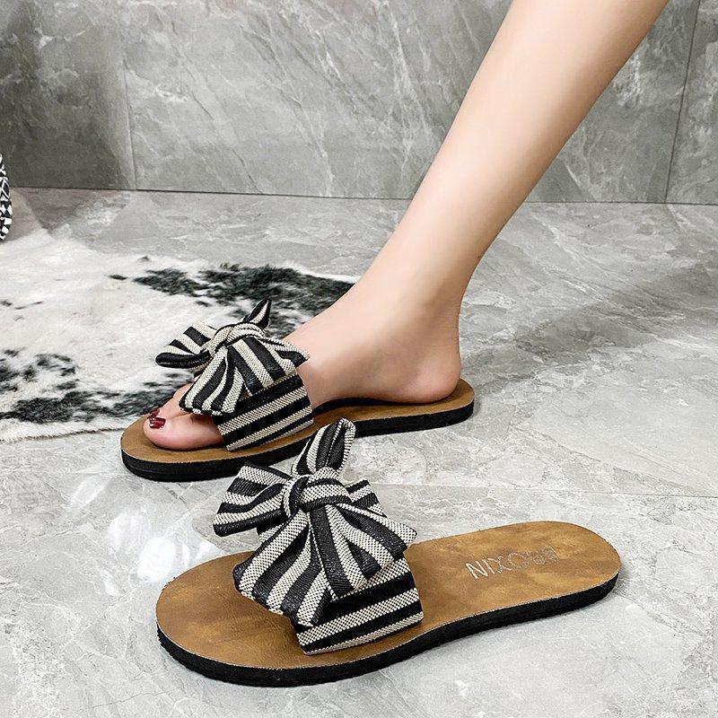 Women Open Toe Sands Flats Summer Flat Flip-Flops Casual Beach Shoes Bow Slippers