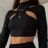 Women Rave Outfits Tops Autumn Sexy Hollow Design Sense Turtleneck Long Sleeve T-shirt