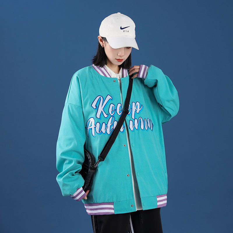 Black Varsity Jacket Autumn Letter Embroidered Stand Collar Woven Cotton Loose Men's and Women's Baseball Uniform Women's Clothing Coat Jacket
