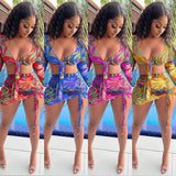 See through Pants Suit Fashion Digital Printed V-neck Tied Long Sleeves