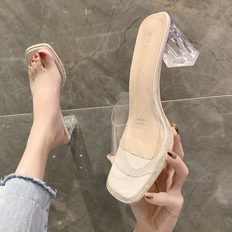 Nude Strappy Block Heels Transparent Sandals