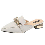 Finn Chain Pointed Toe Mule Spring Closed Toe Half Slippers Women's Low Heel Pointed-Toe Mules Shoes