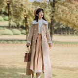 Autumn and Winter Artistic Retro Woolen  Double-Breasted Plaid Cottagecore Aesthetic Trench Coat