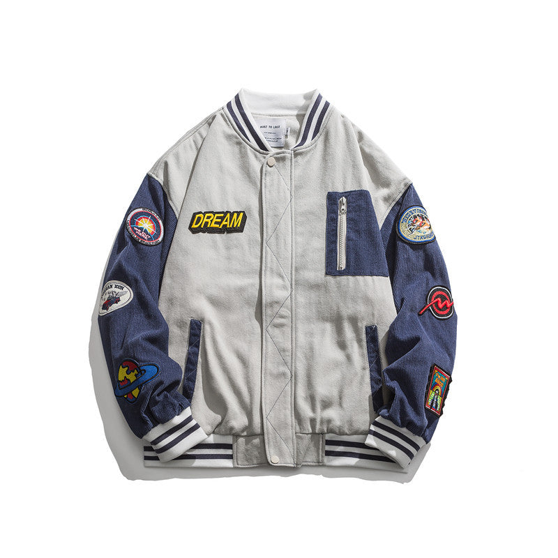 Corduroy Varsity Jacket Vintage Embroidery Corduroy Baseball Uniform Coat Men's Loose Street Flight Jacket
