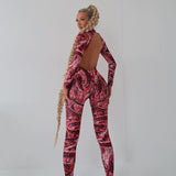 Autumn Tie-Dye Vortex Backless Long Sleeves Tight Trousers One-Piece Trousers