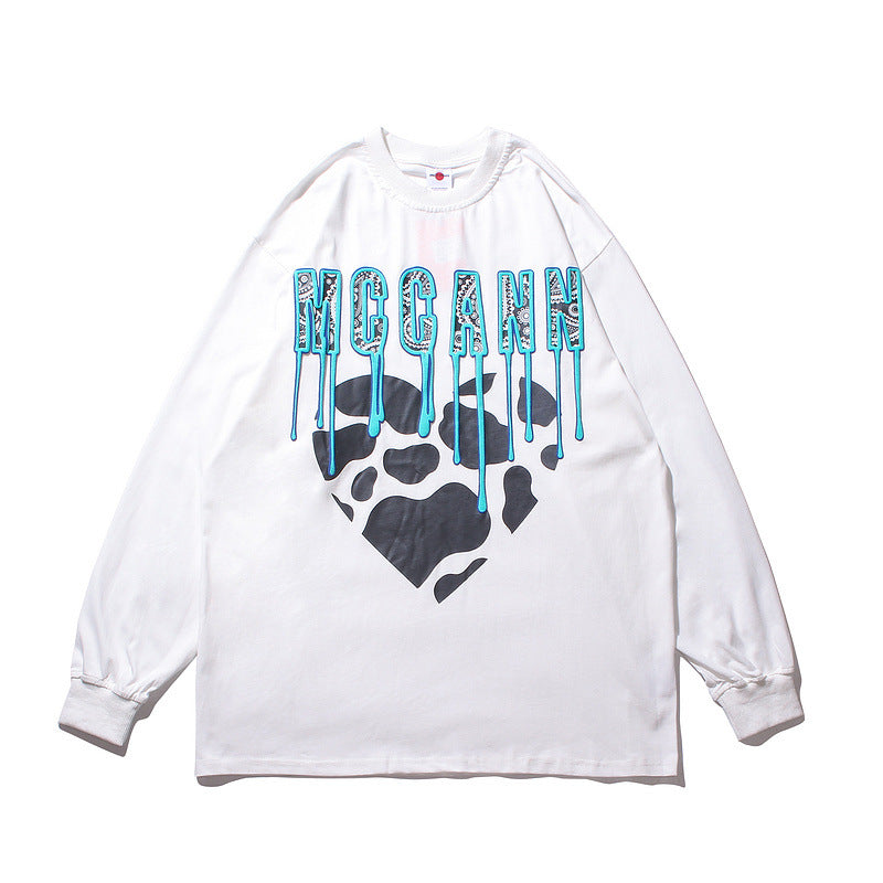 Mens Fall Outfits Paisley Love Cow Puff Print Long Sleeve T-shirt Men and Women Autumn Couple's Tops