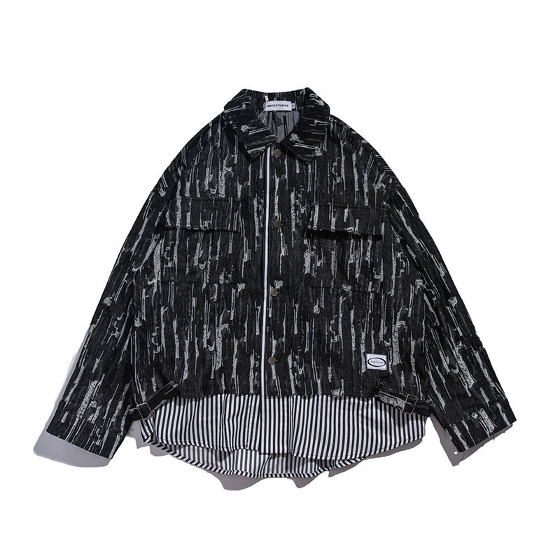Men Denim Coat Jean Jackets Retro Style Worn-out Denim Jacket Men's Loose Lapels Shirt Stitching False Two-Piece Jackets