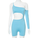 Autumn Solid Color Irregular Single Sleeve Midriff Outfit Shorts Jumpsuit