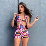Spring Sleeveless Backless Sexy Bikini Printed Shorts Jumpsuit