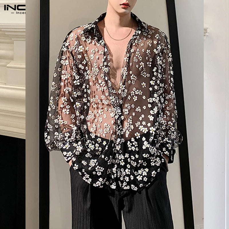 Rave Outfits Men Long Sleeve Shirt Casual Sexy See-through Shirt Summer Lace Shirt