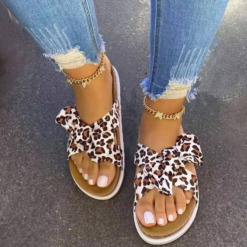 Women Open Toe Sands Flats Summer Bowknot Leopard Print Color Cross Beach Slippers