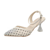 Nude Block Heels Closed Toe Rhinestone Sandals Stiletto Women's Shoes