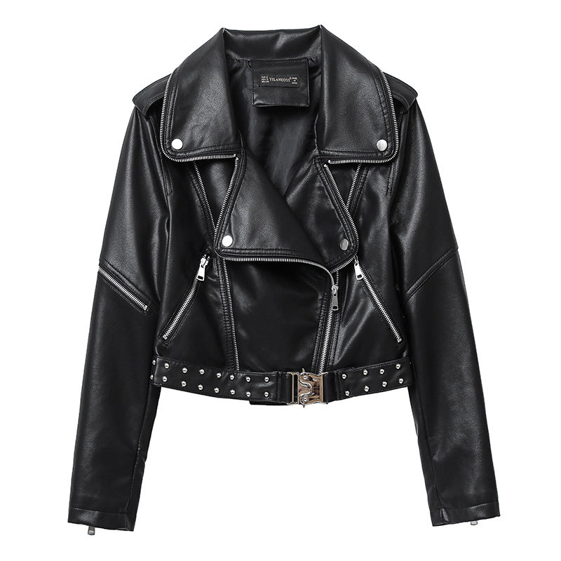 Women PU Leather Jacket Biker Motorcycle Coat Spring and Autumn Loose Motorcycle Lapel Rivet Pu Pique
