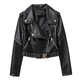 Women PU Leather Jacket Biker Motorcycle Coat Spring and Autumn Loose Motorcycle Lapel Rivet Pu Pique