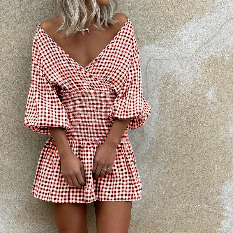 Gingham Dress Summer Casual off-Shoulder Women's High Waist Plaid V-neck Dress