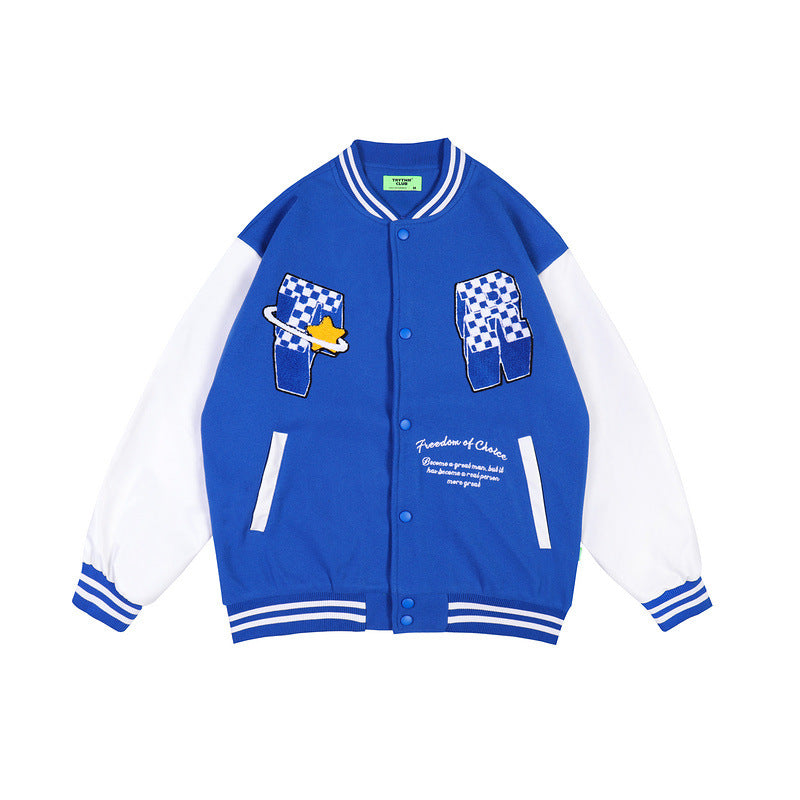 Mens Fall Outfits Vintage PU Leather Stitching Towel Embroidery Baseball Uniform Loose Jacket Couple Coat
