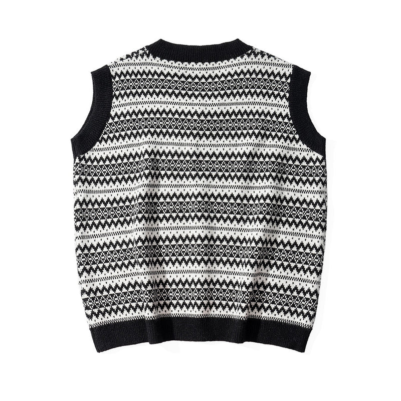 Men Sweater Vest Contrasting Color Jacquard Sweater Vest Vest Men's BF Idle Style Loose V-neck Sleeveless Sweater Coat