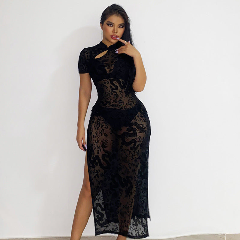 Nina Parker Black Dress Sexy Slim-Fit Solid Color Flocking Cheongsam Dress