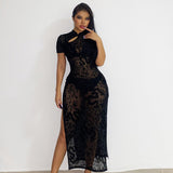 Nina Parker Black Dress Sexy Slim-Fit Solid Color Flocking Cheongsam Dress