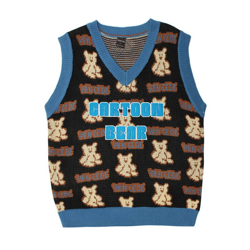 Men Sweater Vest Cartoon Bear Jacquard Sleeveless Sweater Vest Men's Loose V-neck Sweater Vest Coat