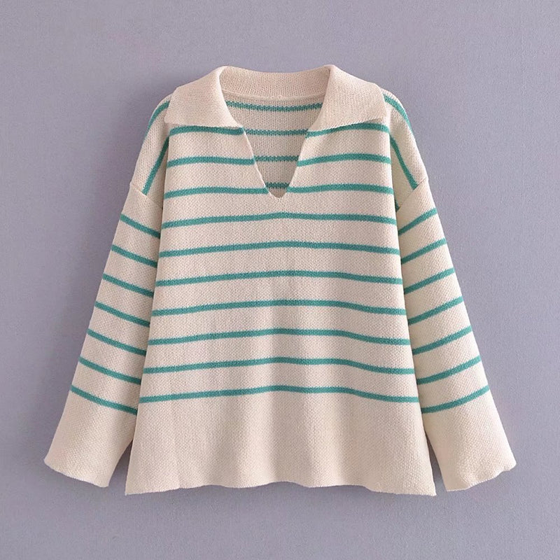 Women Fall Outfits Fall Lapels Striped Loose Pullover Sweater Mid-Length Top