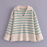 Women Fall Outfits Fall Lapels Striped Loose Pullover Sweater Mid-Length Top