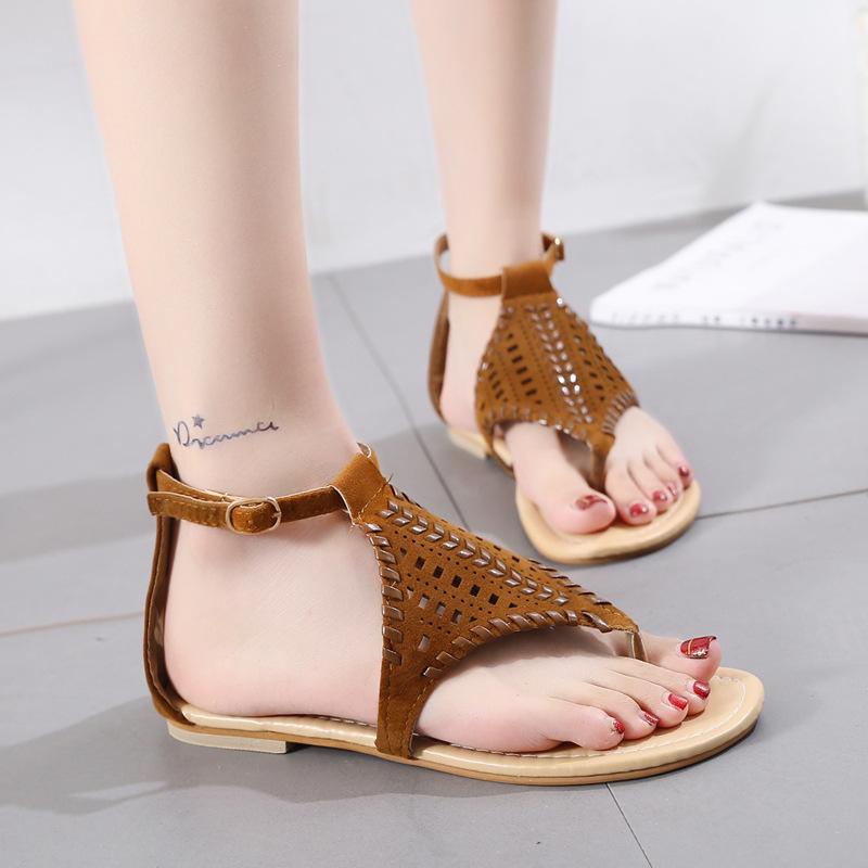 Women Open Toe Sandals Flats Summer Low-Top Sandals Round Toe Hollow-out Flat Shoes