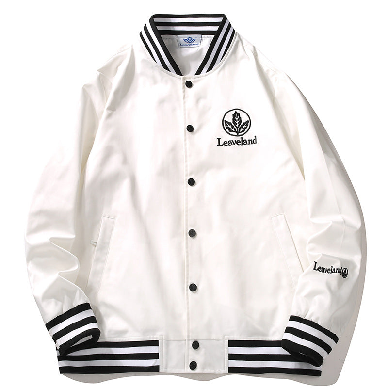 White Varsity Jacket Leaveland Maple Leaf Baseball Uniform Men 'S Youth Autumn Fashion Casual Jacket Baseball Collar Coat