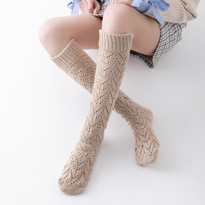 Winter Thick Knit Thigh High Socks Long Stockings Boot Solid Color Mid-Calf Length Socks Hollow Pattern Knitted Socks